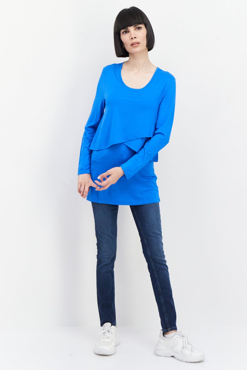Bamboo Women Scoop Neck Long Sleeve Plain Top, Blue - Image 2